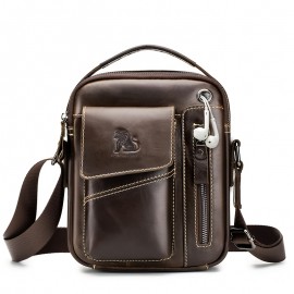 1pc Fashion Genuine Leather Men'S Crossbody Bag, Adjustable Shoulder Strap, Multi-Compartment Satchel with Top Handle, Zipper Closure, Non-Washable, for Outings - Dark Brown